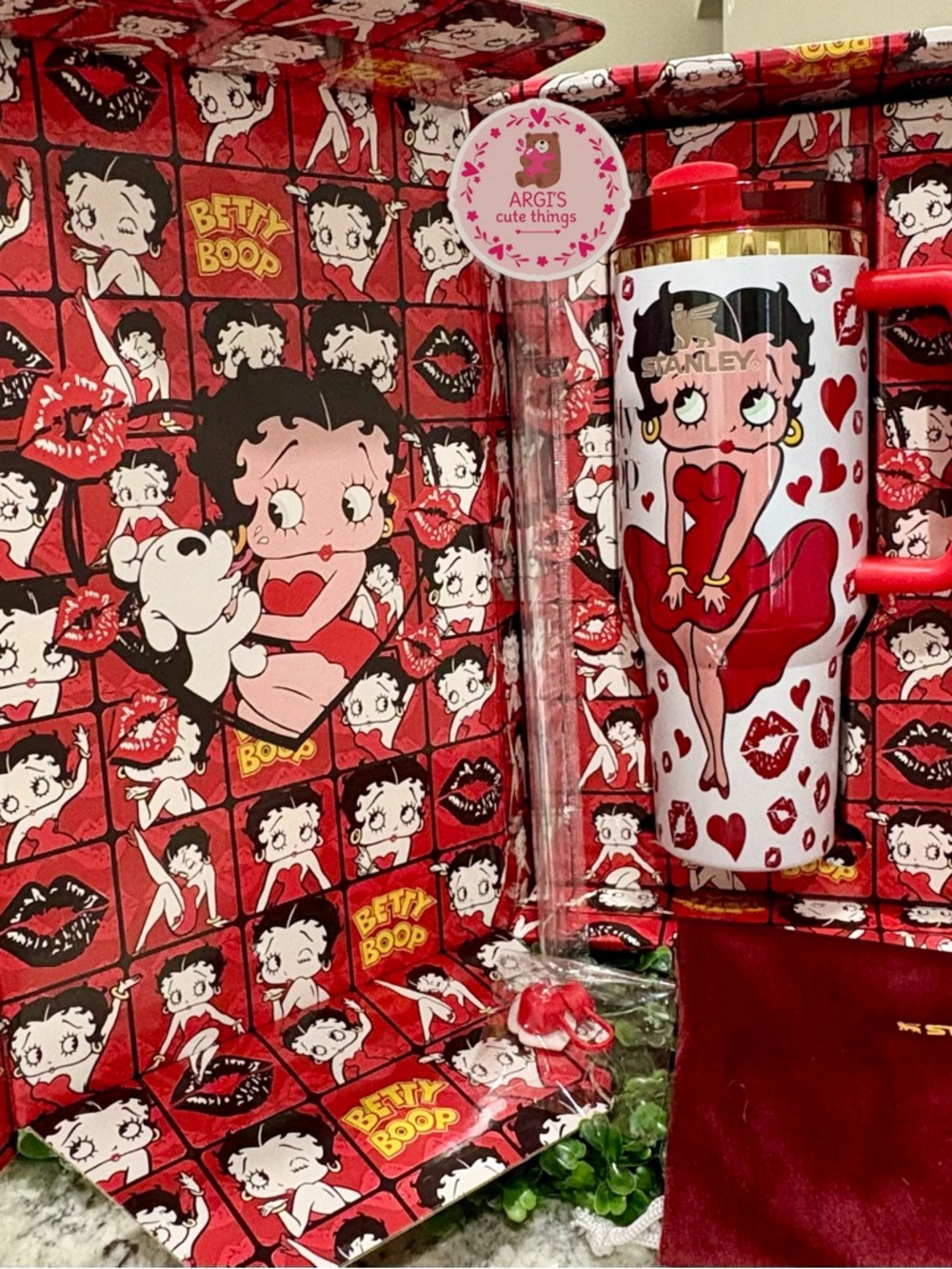 Customized Stanley Red and White Betty Boop Travel Mug with Red Handle - Picture 2 of 4